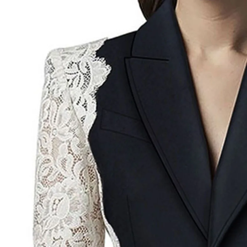 A7069 Newest Women Clothes Contrast Black and White Blazers Lace Long Sleeve Women Jacket