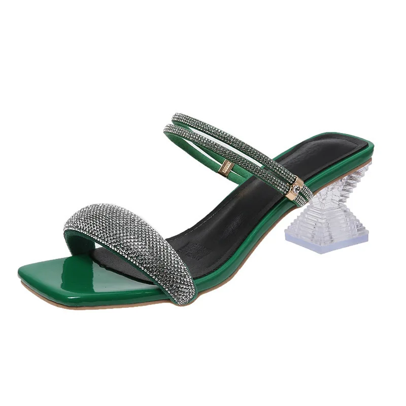2024 summer new female transparent thick heel open toe transparent water diamond high heel sandals