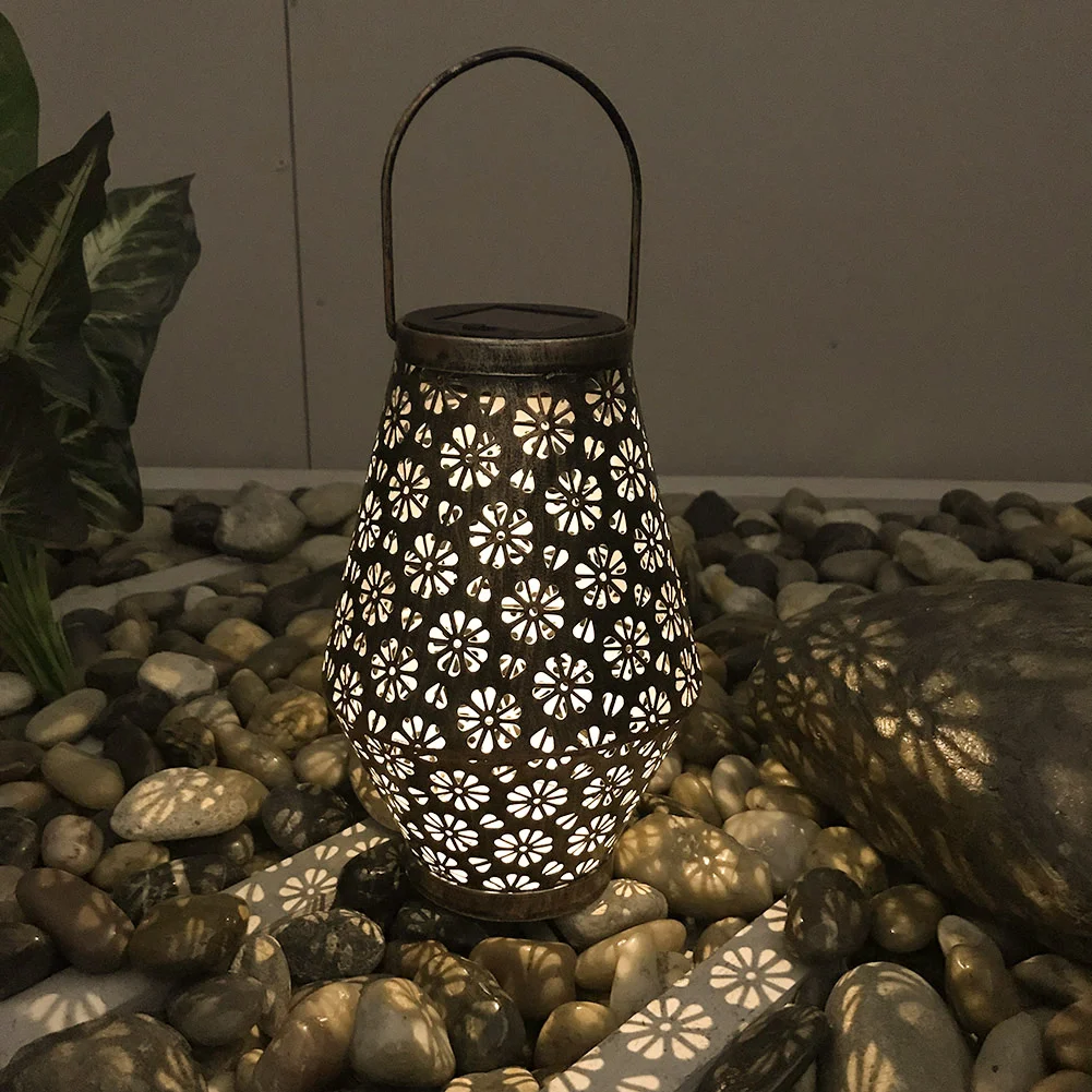 Waterproof Solar Lamp Retro Hollow Lantern Light Iron Art Hollow Lantern  Light Handheld Hanging Projector Lamp Yard Decoration