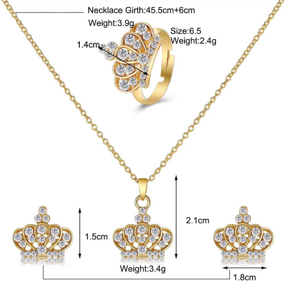 Fashion Yongkie Concentric Diamond Jewelry Three-piece Crown Gold and Silver Necklace Bracelet Earrings Ring Wedding Jewelry Set