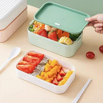 Modern Portable Double-Layer Rectangular Bento Box Microwave Heated Lunch Container for Office Workers Students Food Storage