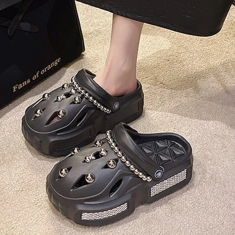 High-End Quality Summer Fashion Bling Rhinestone Thick Sole Flat Slippers Bubble Sandals For Women