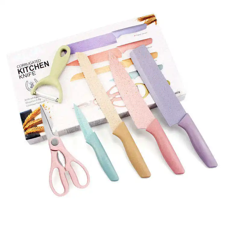 Wholesale Kitchen Accessories Cooking Sets Knives Set 6pcs Kit Wheat Straw Knife Scissor Peeler Kitchen Knife set