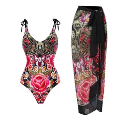 New Arrival Women's Leopard Floral Printing Tight Slim Retro One-Piece Swimsuit Chiffon Skirt Swimsuit Set