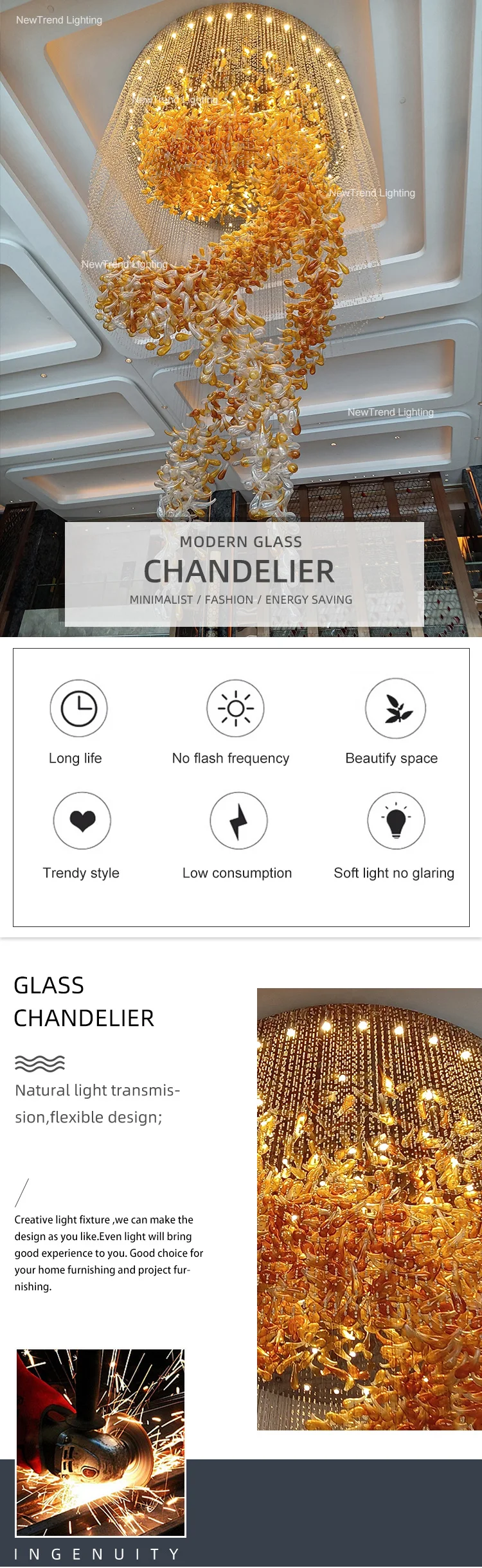 CPL-323 Luxury Bespoke Large Lighting Indoor Decoration Villa Hall Hotel Lobby Staircase Glass LED Chandelier supplier