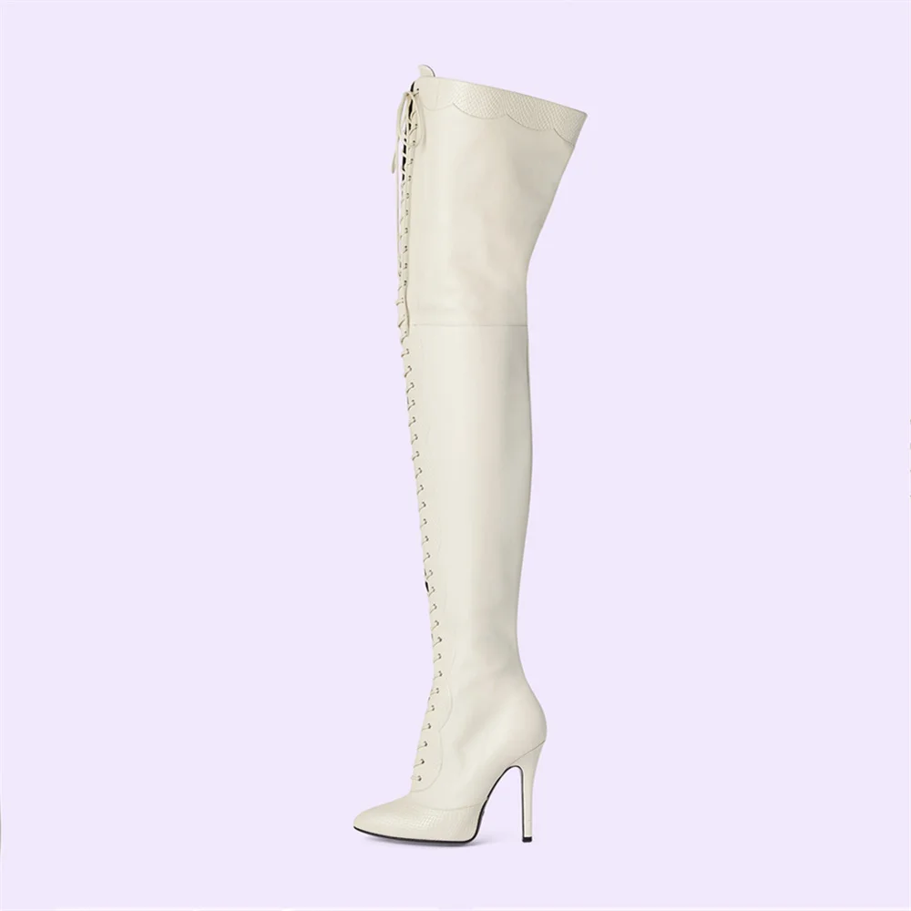 Side Zipper Slim Fit Tall Boots Women Pointy Toe Lace Up Thigh High Boots Stiletto High Heels