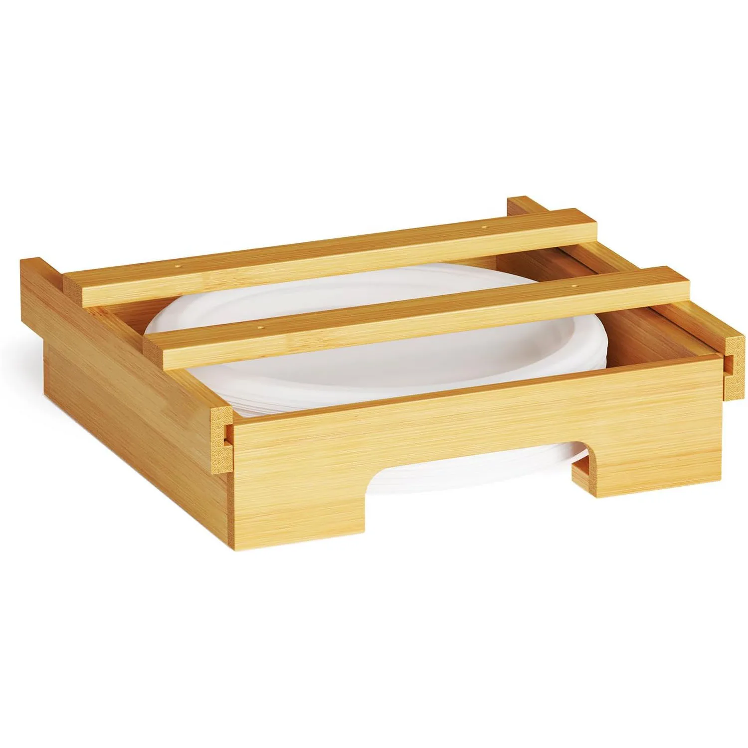 Paper Plate Dispenser, Under Cabinet Bamboo Plates Holder, Kitchen Counter Vertical Plate Dipensers Holders Countertop Caddy