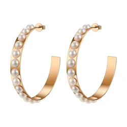 18K Gold Plated Stainless Steel Jewelry Big C-Shaped Imitation Pearl Accessories Hopp Earrings EF181061
