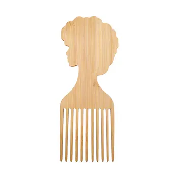 Custom Logo Professional Natural Wooden Bamboo Barber African Afro Wide Pick Detangle Beard Hair Pick Afro Comb