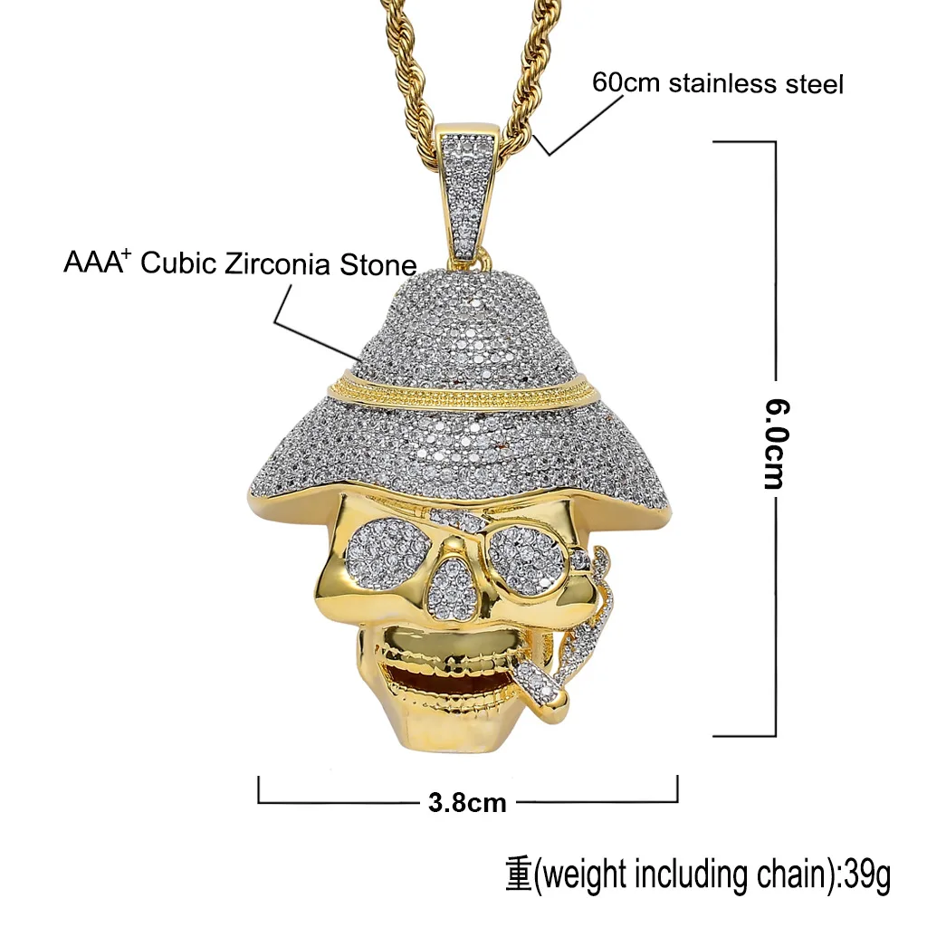 personalized custom diamond jewelry necklace ,hip hop copper setting zircon gold plated pirate skull men women necklace pendants