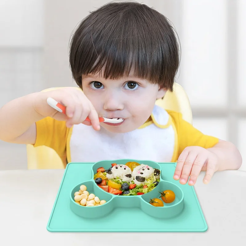 Wellfine BPA Free Silicone Kids Dinnerware Divided Baby Suction Plates for Baby Dinner Food Feeding Plate Silicone Baby Plate