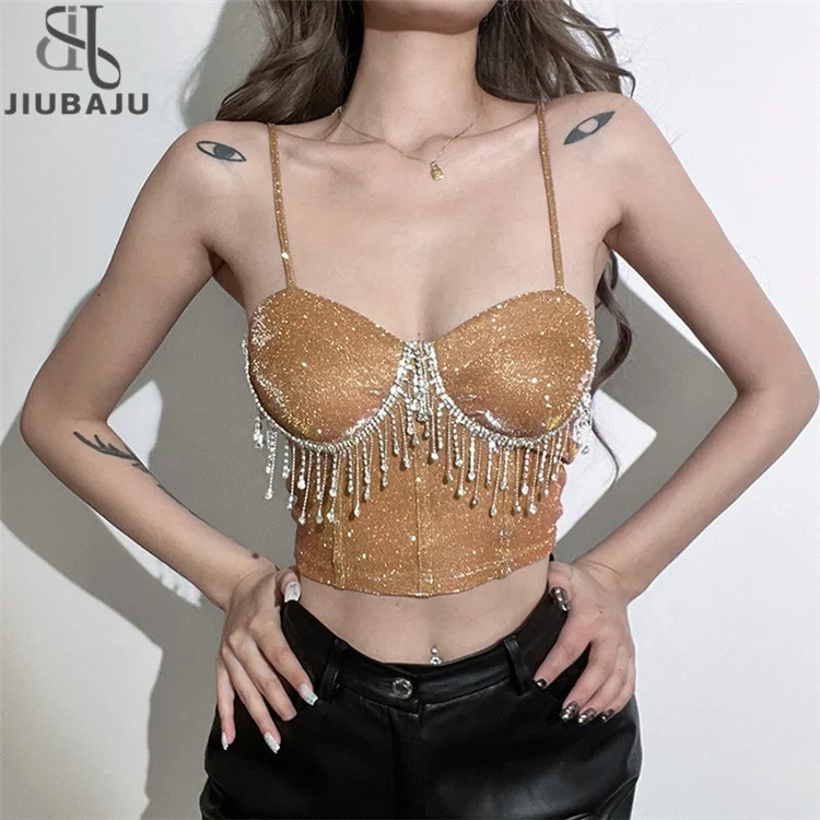 Sexy Women Tank Tops Diamond Tassel Bling Cropped Top Clothes for Birthday Party 2023 New Summer Lady Camis