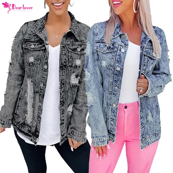 Dear-Lover Private Label Wholesale Blue Fall Winter Cotton Pocketed Distressed Buttons Washed Women Denim Jean Jacket For Ladies