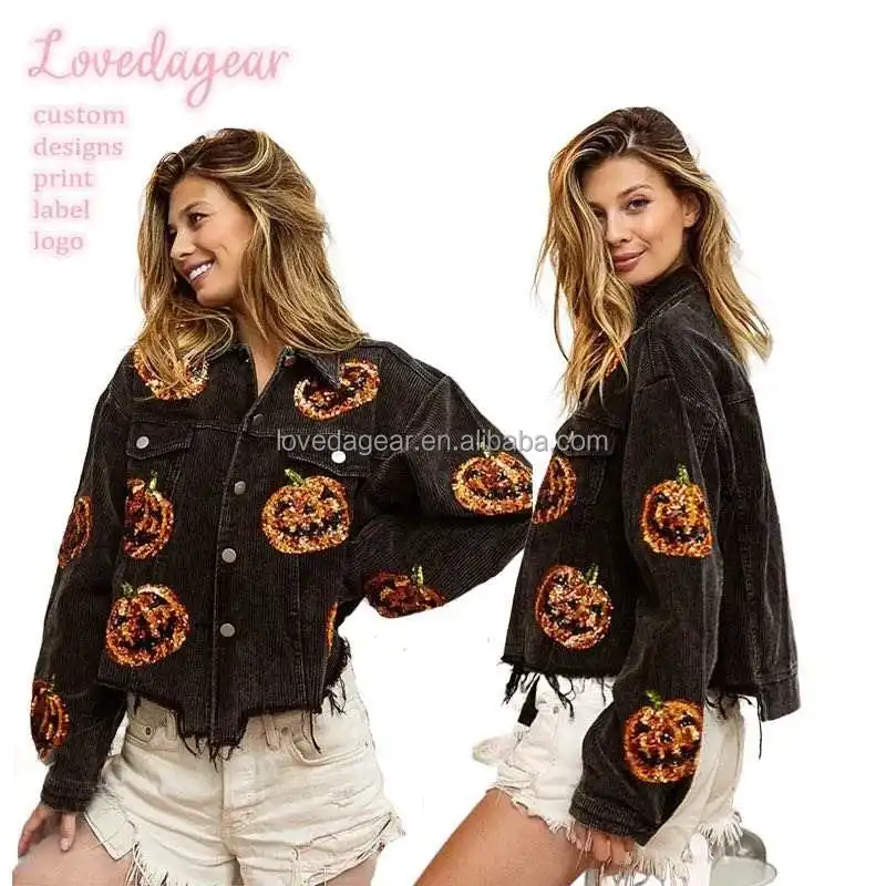 Cropped Corduroy Vintage Outwear Halloween Decoration Sequin Pumpkins Patched Shacket Jacket Womens Clothing