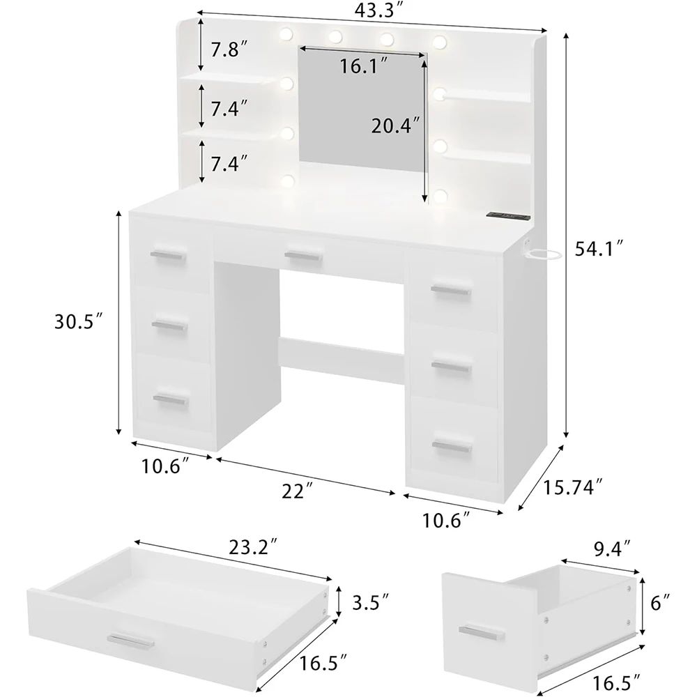 Bedroom Modern Wood Dressing Vanity Desk with Mirror LED Lights Power Outlet Makeup Table with 7 Drawers 6 Storage Shelves factory