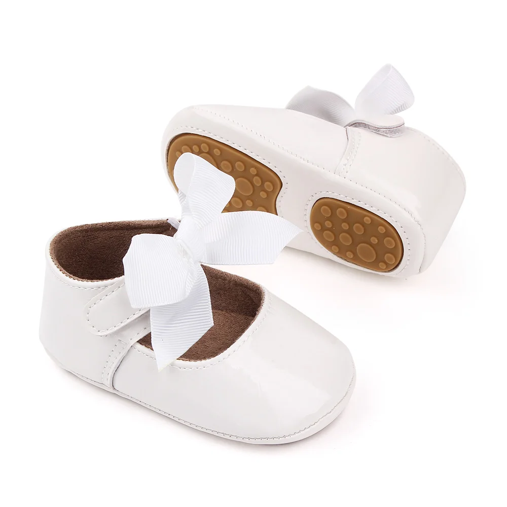 Solid Color PU Leather Top Big Bow Baby Girls Princess Soft Soled Non-slip Toddler Shoes factory