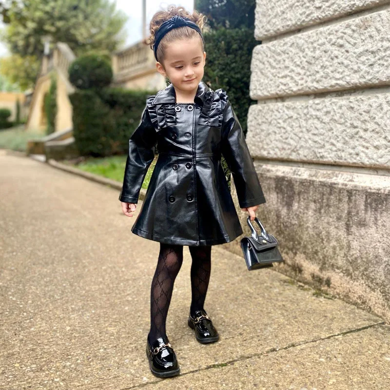 2022 baby girls dresses casual PU leather solid mini dresses kids fall winter long sleeve toddler girls clothing dress