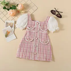 Summer 80 to 140cm Girl Clothes Set Plaid Pink Dress With Pearl Luxury 2-9 Years Puff Sleeves Square Collar Girls Dresses