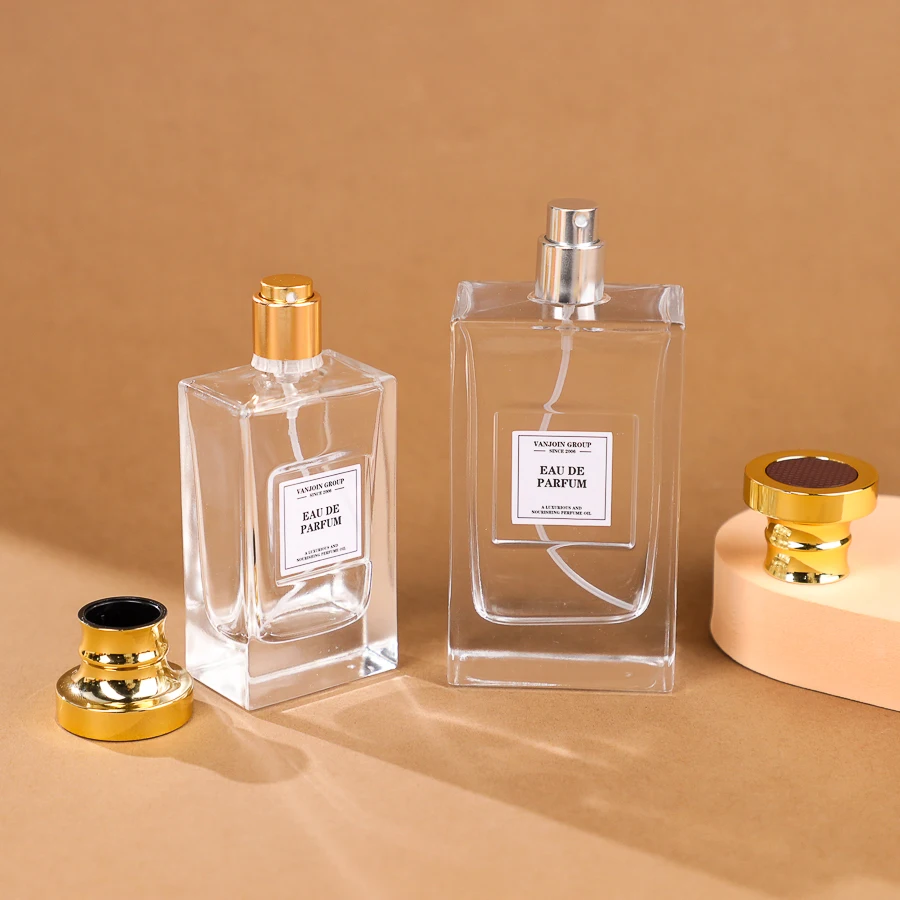 Luxury Vintage 30ml 50ml 100ml Empty Flat Square Glass Sprayer Pump Perfume Bottle With Aluminum Gold Cap