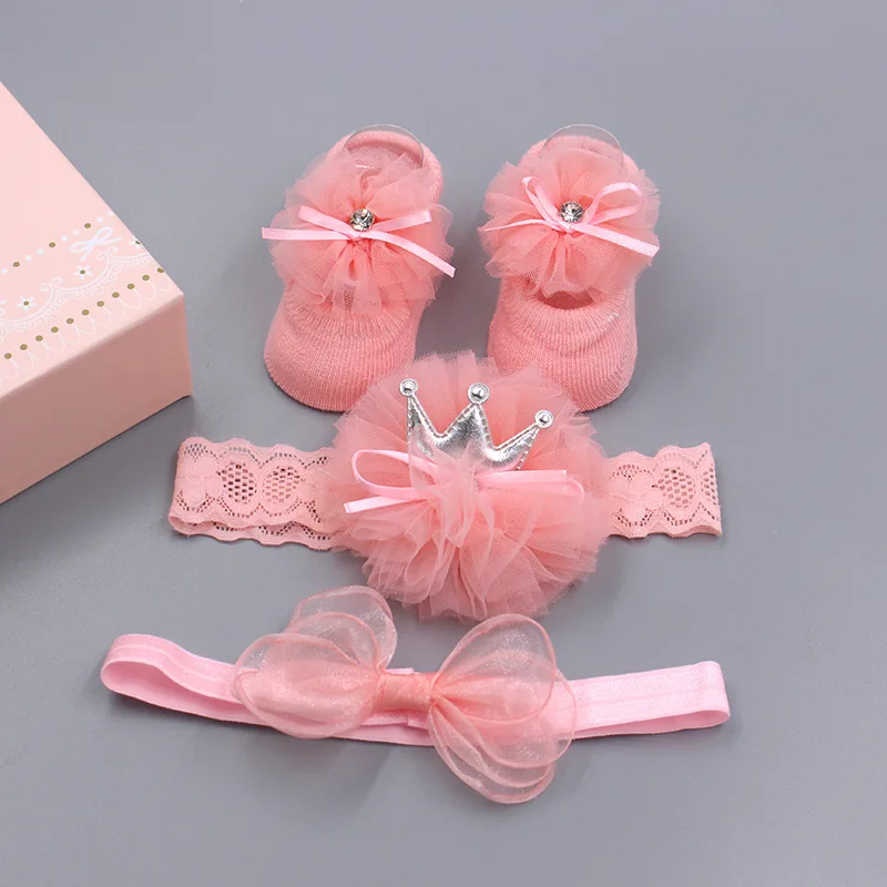 Lace Flower Baby Girl Headband Socks Set Crown Bows Newborn Hairband Headbands Girls Turban Baby Hair Accessories 3Pcs/Set