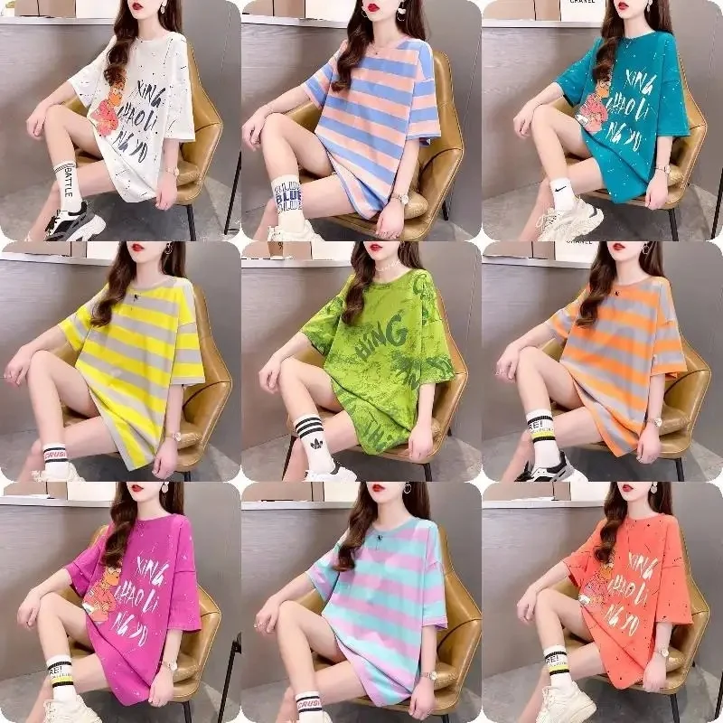 Summer new Korean version of large size trend women's cotton short sleeve T-shirt women's loose half sleeve base shirt stock