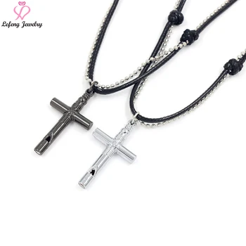 Custom Fashion Simple Jewelry Men Bead Chain Stainless Steel Black Plated Relief Anxiety Cross Breathing Whistle Necklace