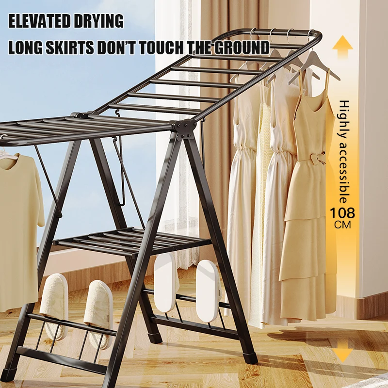 product sturdy metal gull wing clothes drying rack standing type detachable functional design space saving collapsible laundry rack-4