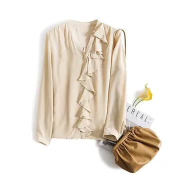 Wholesale Ladies Flounce Ruffle Long Sleeve Luxury Mulberry Silk Shirt Women's Silk Blouse