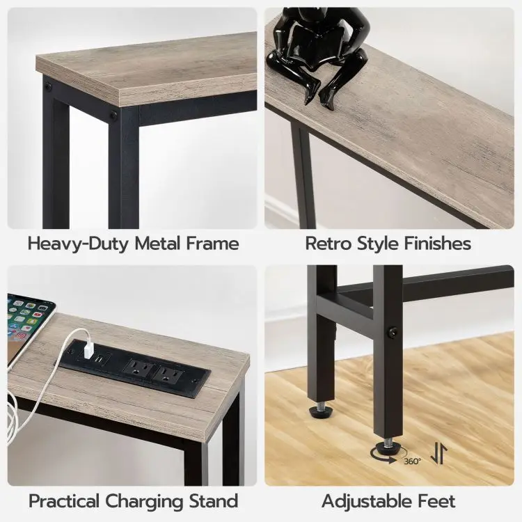 Wholesale Industrial Metal Frame Wood Console Table Thin Sofa Couch Table with Charging Station Power Outlet Entryway Table