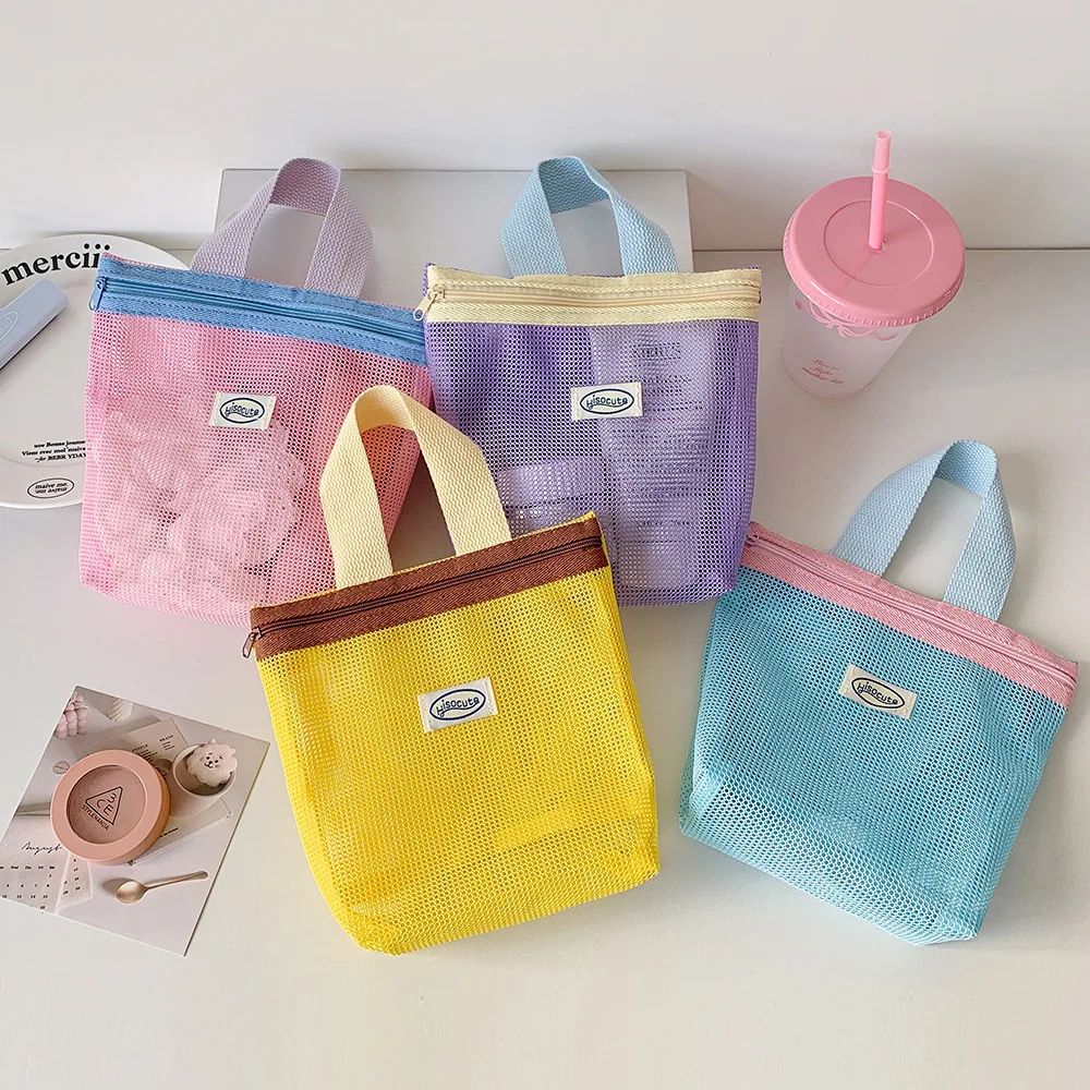 Women's Color Customized Summer Mesh Small Portable Foldable Polyester Bag Toiletry Tote Beach Bag supplier