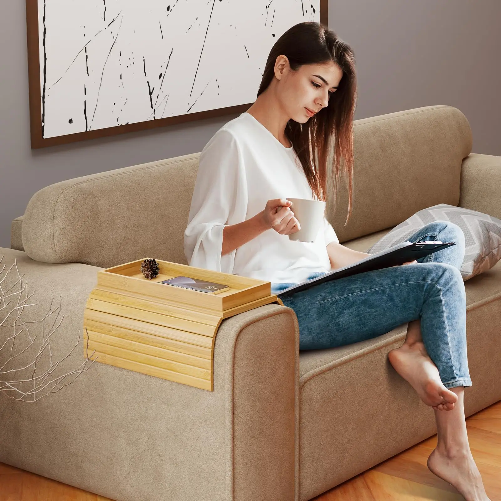 product 2 in 1 bamboo sofa armrest tray sliding detachable anti slip foldable frame beverage cup holder mobile tv remote storage tray-13