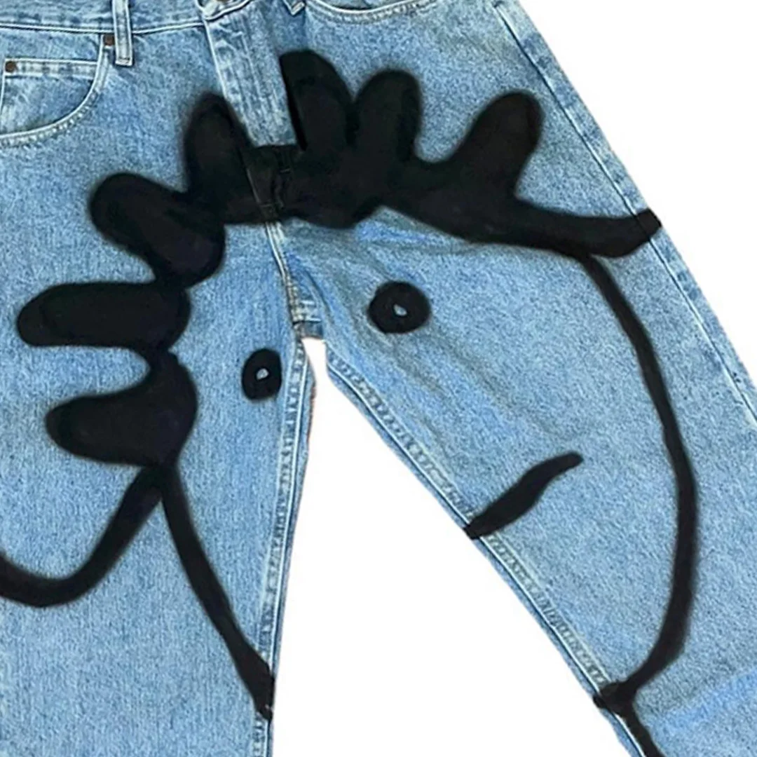 product custom men cotton vintage washed straight leg jeans abstract face spray paint graffiti printed streetwear denim pants with oem-4