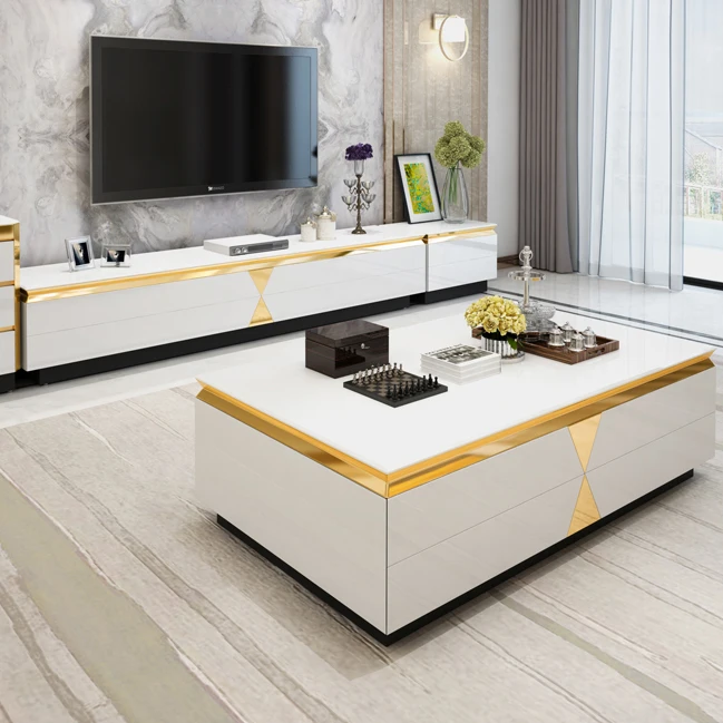 High quality luxury coffee table modern living room furniture style marble glass top gold stainless steel coffee table