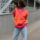 Vest Knit Hot Sale Checkerboard Women's Sweater Vest Fashion V-neck Checkerboard Knit Sweater Vest