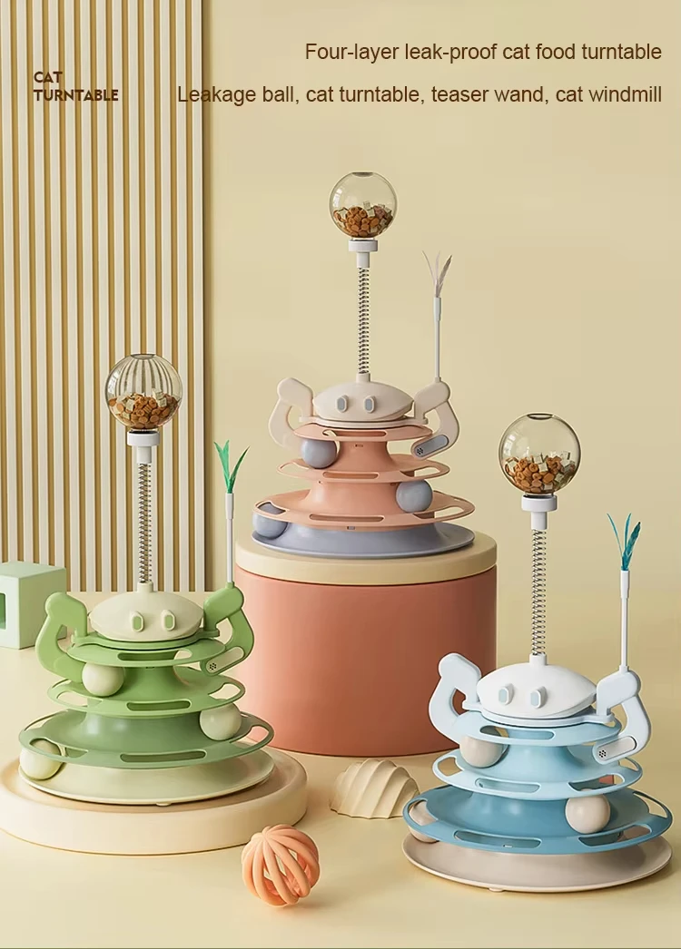New 4-in-1 Cat Turntable Leaky Food Toy Jiggle Ball with Feather Teasing Stick Four-story Cat Tower Track Cat Toy Pet Products details