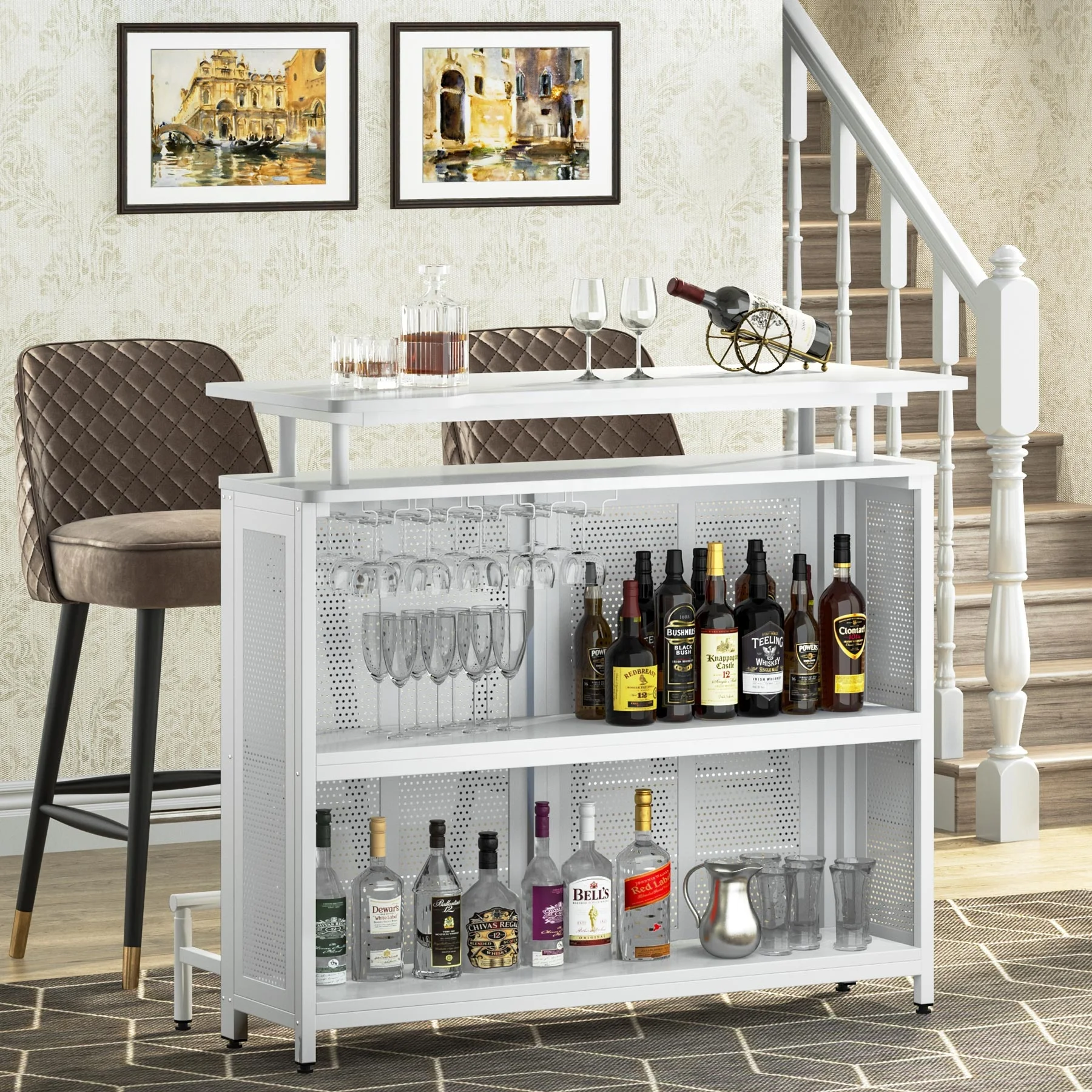 Tribesigns 3 tier Wine rack bar unit with open storage shelves and glass holder cabinet coffee table for holiday pub set