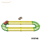 kids assemble plastic train tracks toy with metal car set