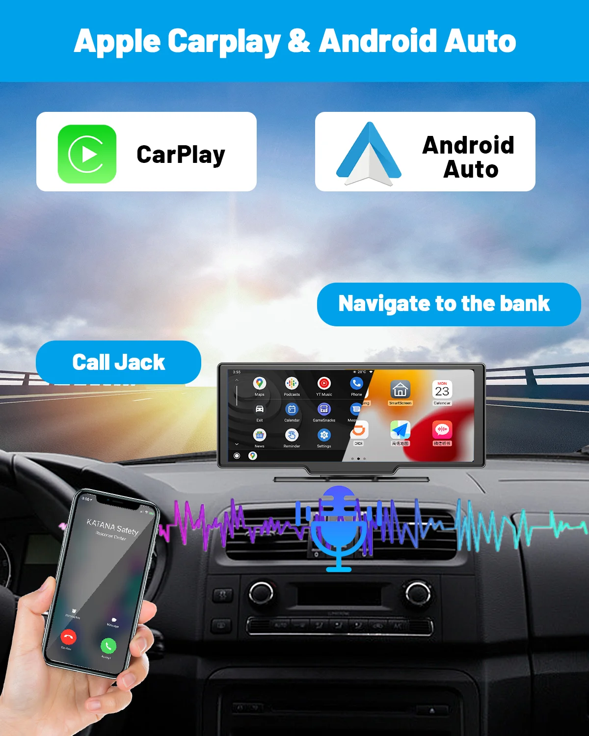 Podofo In Portable Carplay Android Auto Car Stereo Radio Rear