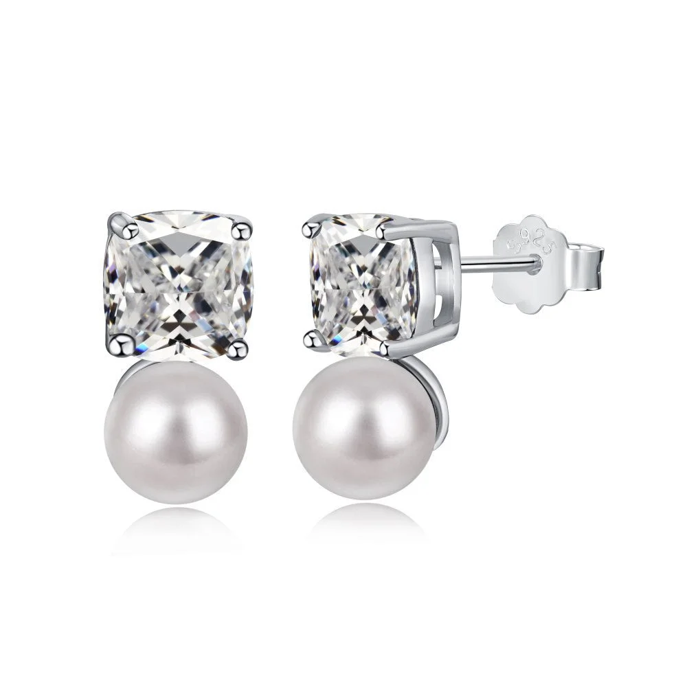 925 Sterling Silver Freshwater Pearl Stud Earrings with Cushion Cut Zircon for Women