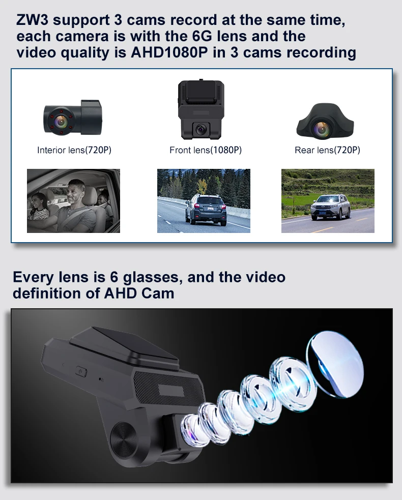 4g 3 lens car dash camera