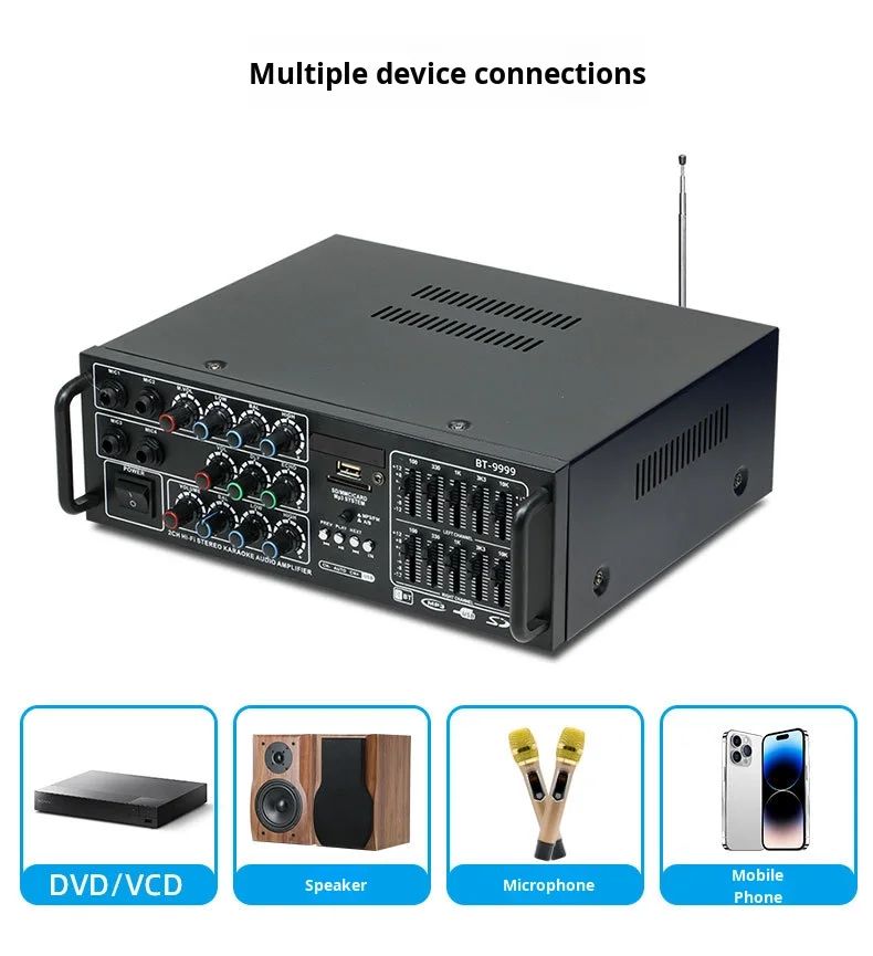 BT-9999 2.0 Channel 300W Home & Car Amplifier High-Power BT Wireless EQ Equalizer Dual-Use 12V/220V Metal Material Receiver
