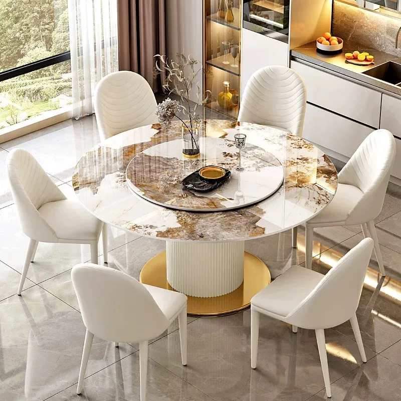 Light Luxury Sintered Stone Round Dinning Table Set For 6 With Turntable Carbon Steel Base Restaurant Hotel Dining Table Set