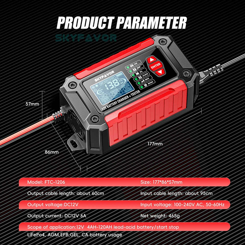 All in one car battery charger 12V 6A automatic gel agm lead acid battery analyzer CCA internal resistance tester & pulse repair