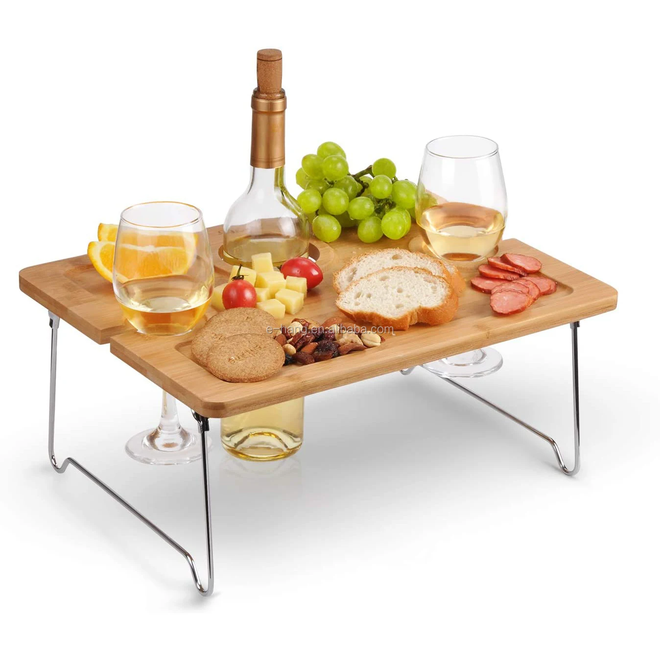 Wine Picnic Table Folding Portable Bamboo Wine Glasses & Bottle Snack and Cheese Holder Tray for Concerts at Park, Beach