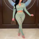 2022 Fall Spring Ladies 2 Piece Outfits Female Crop Top 2 PC Matching Casual Plaid Pants Set Women