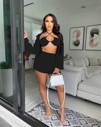 L360 New 2023 Women Clothing Sets Long Sleeve Zipper Three Piece Short Set sexy Solid Ladies Cardigan Casual women's sets
