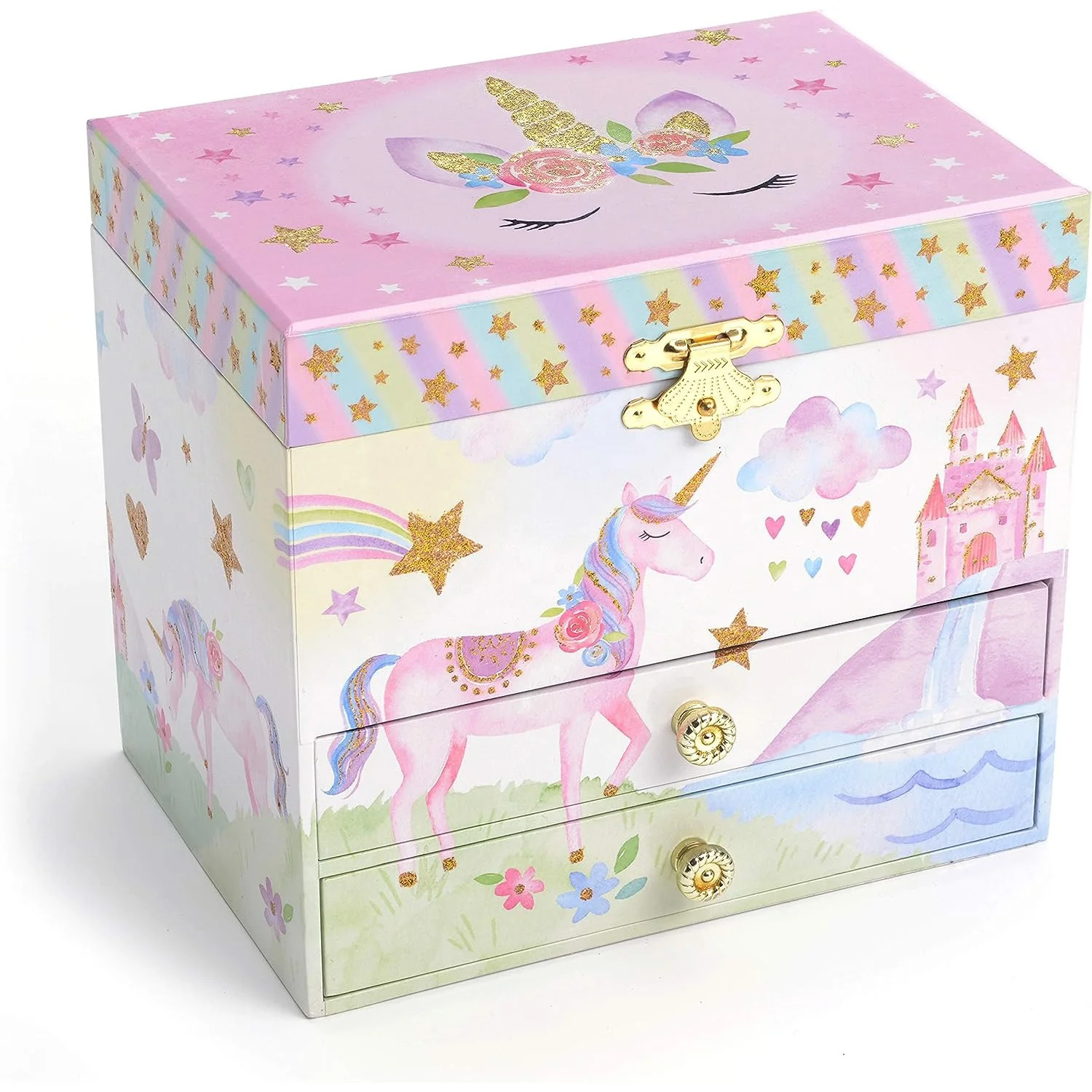 Ever Bright High Quality Promotional Gift Unicorn Little Queen Dancing Ballerina Wooden Jewelry Music Box With 2 Drawers