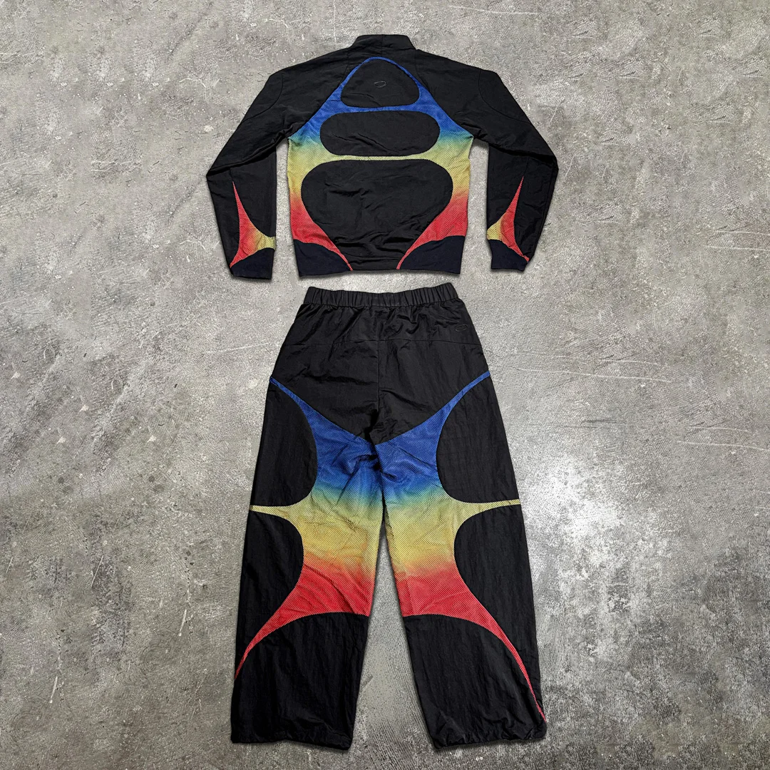 product custom streetwear vintage gradient spliced nylon tracksuit badge embroidered stand collar zip up jacket wide leg sweatpants-1