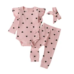 Autumn newborn infant baby girl ribbed 3pcs children rompers+ pants infant clothes baby girl clothing sets