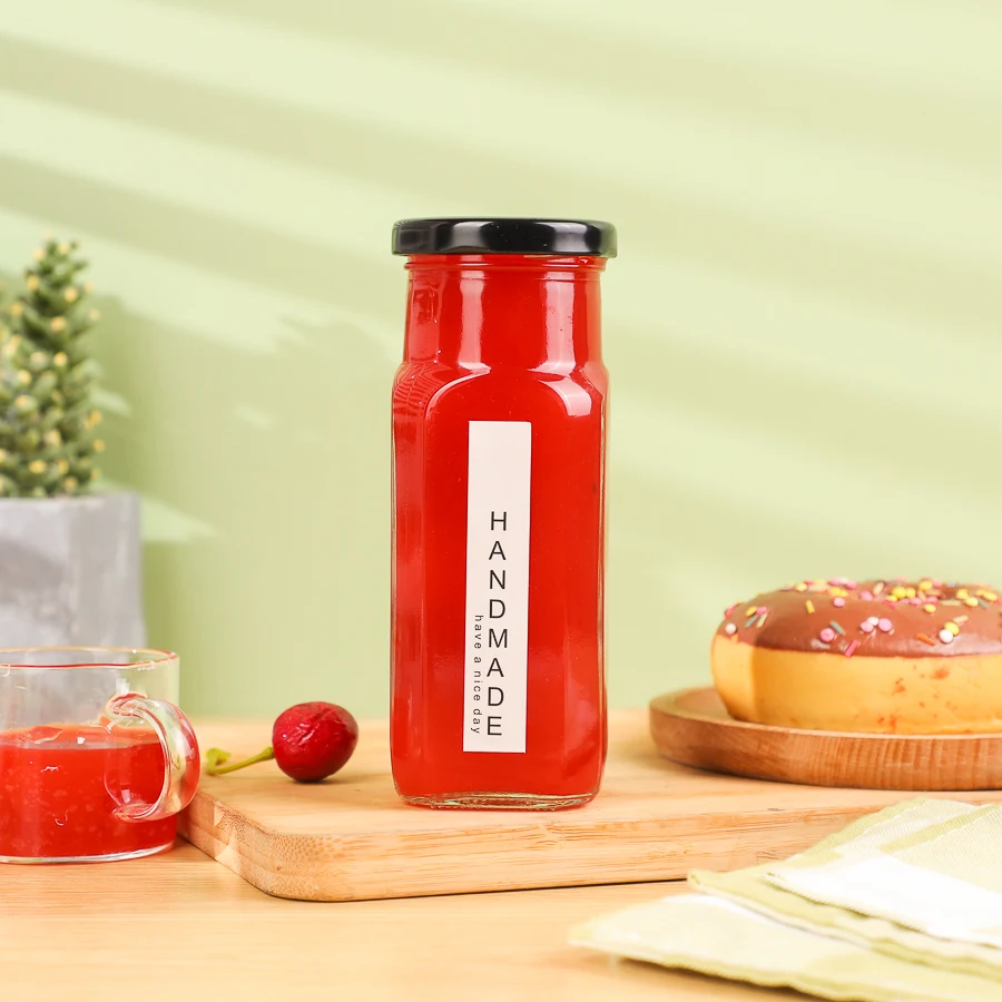 Clear Spice Salt Pepper Sesame Bottle 250ml Square Empty Honey Ketchup BBQ Paste Glass Unique Sauce Bottles with Screw Metal Lid